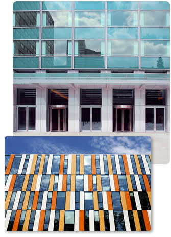 Screen printed glass on the front of office buildings
